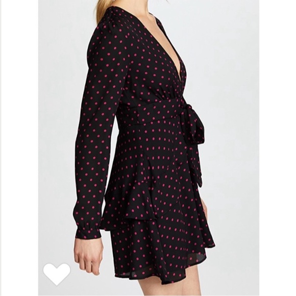 WAYF Womens Black Pink Dot Mini Dress Sz S NWT V-Neck Skater Long Sleeve Roland - Picture 2 of 9